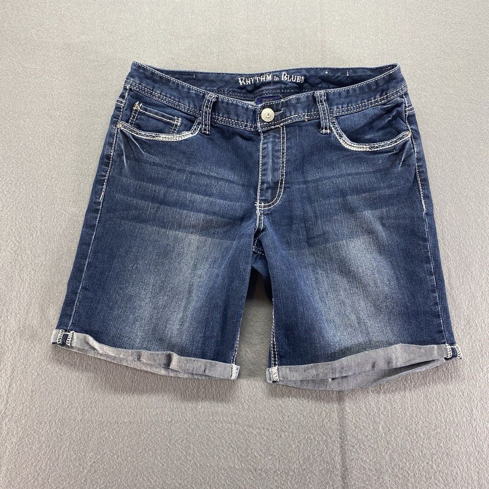 Rhythm in Blues Shorts Womens 10 Blue Mid Rise Cuffed Hem Flat‎ Front